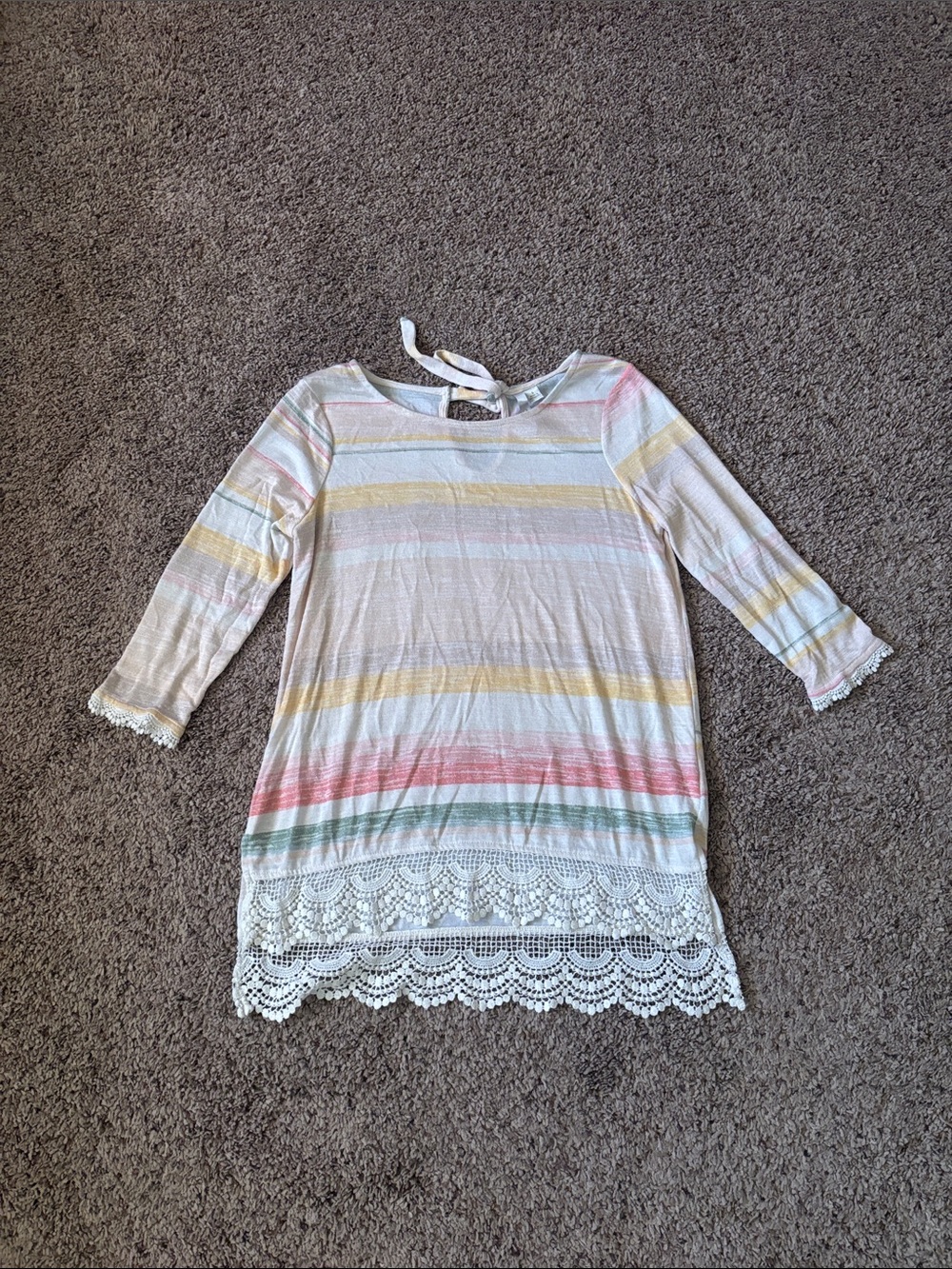 Lauren Conrad Striped Crochet Hem Tunic Top Yellow Pink, Green S